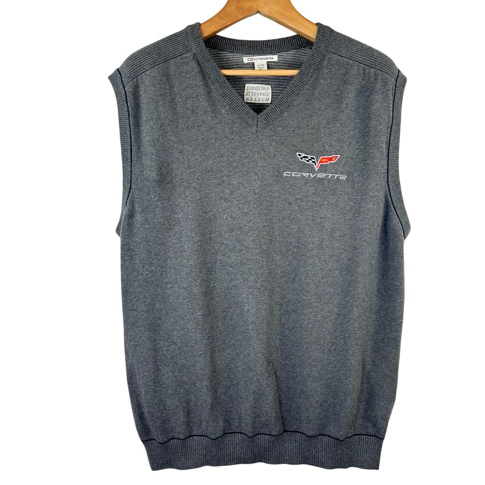 Cutter & Buck Mens XL Corvette National Museum V-Neck Cotton Sweater Vest‎ Gray